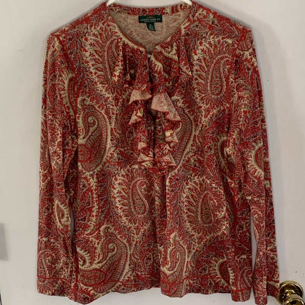 LRL Ralph Lauren raspberry, blue and green paisley long sleeve ruffle knit top